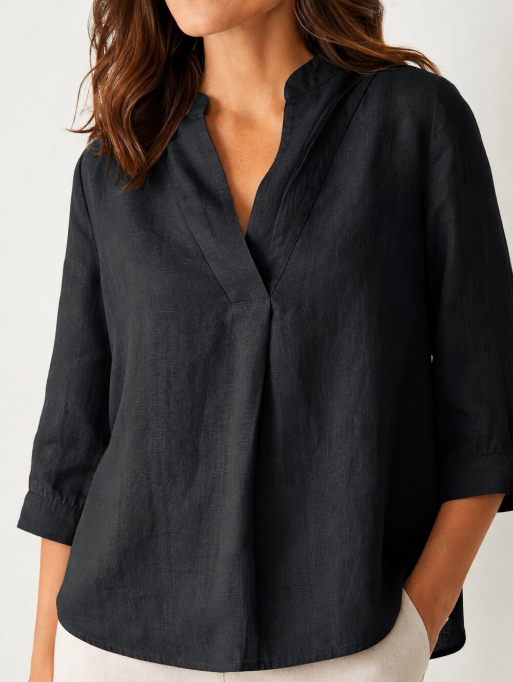 NWT 100% Linen Lintico Black V Neck Tunic Blouse Size L